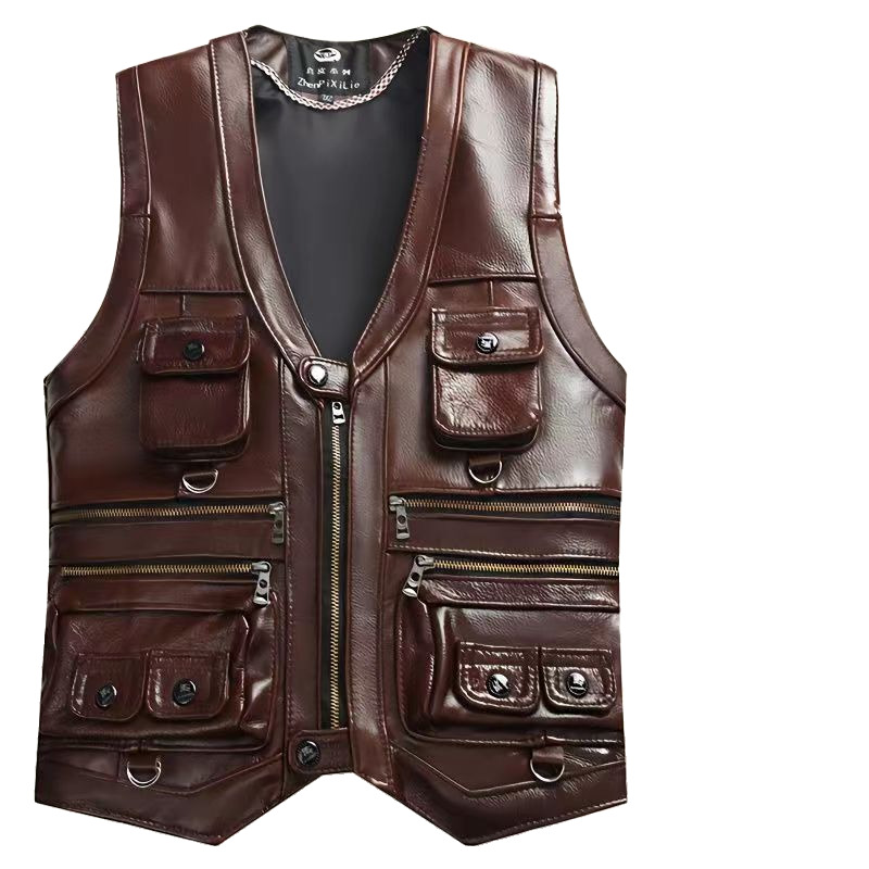 Motorcycle Gear Vest - 2025 Cowhide Genuine Leather Vest Men