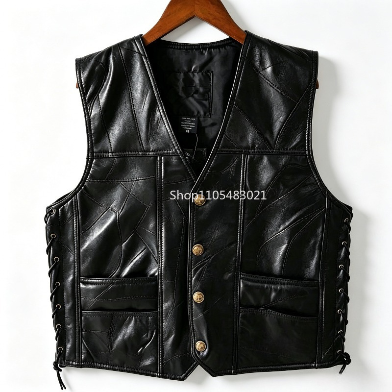 Motorcycle Gear Vest - Men's Black Patchwork Leather Biker Vest,